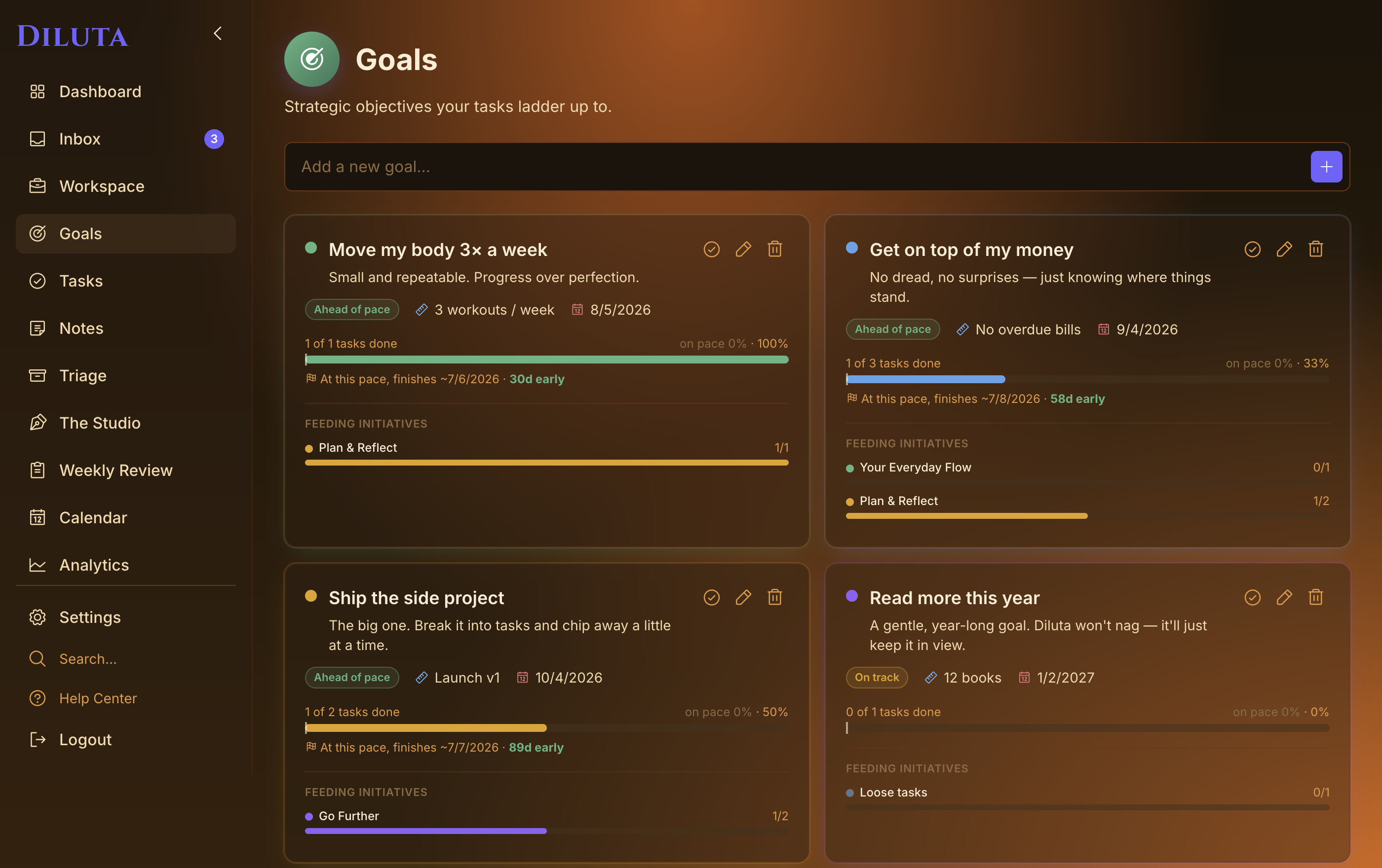 Diluta — Goals, the objectives your tasks ladder up to